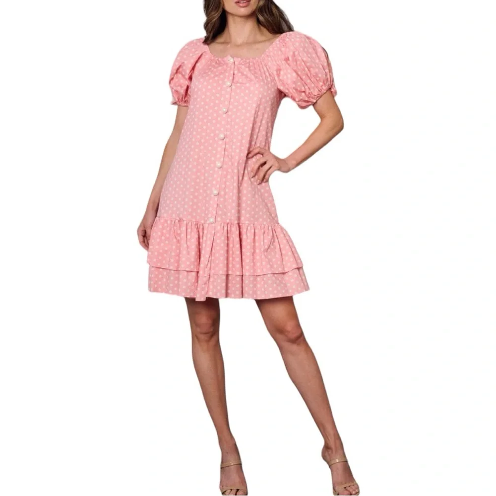 Pink White Dots Button Up Mini Dress - Picture 2 of 4
